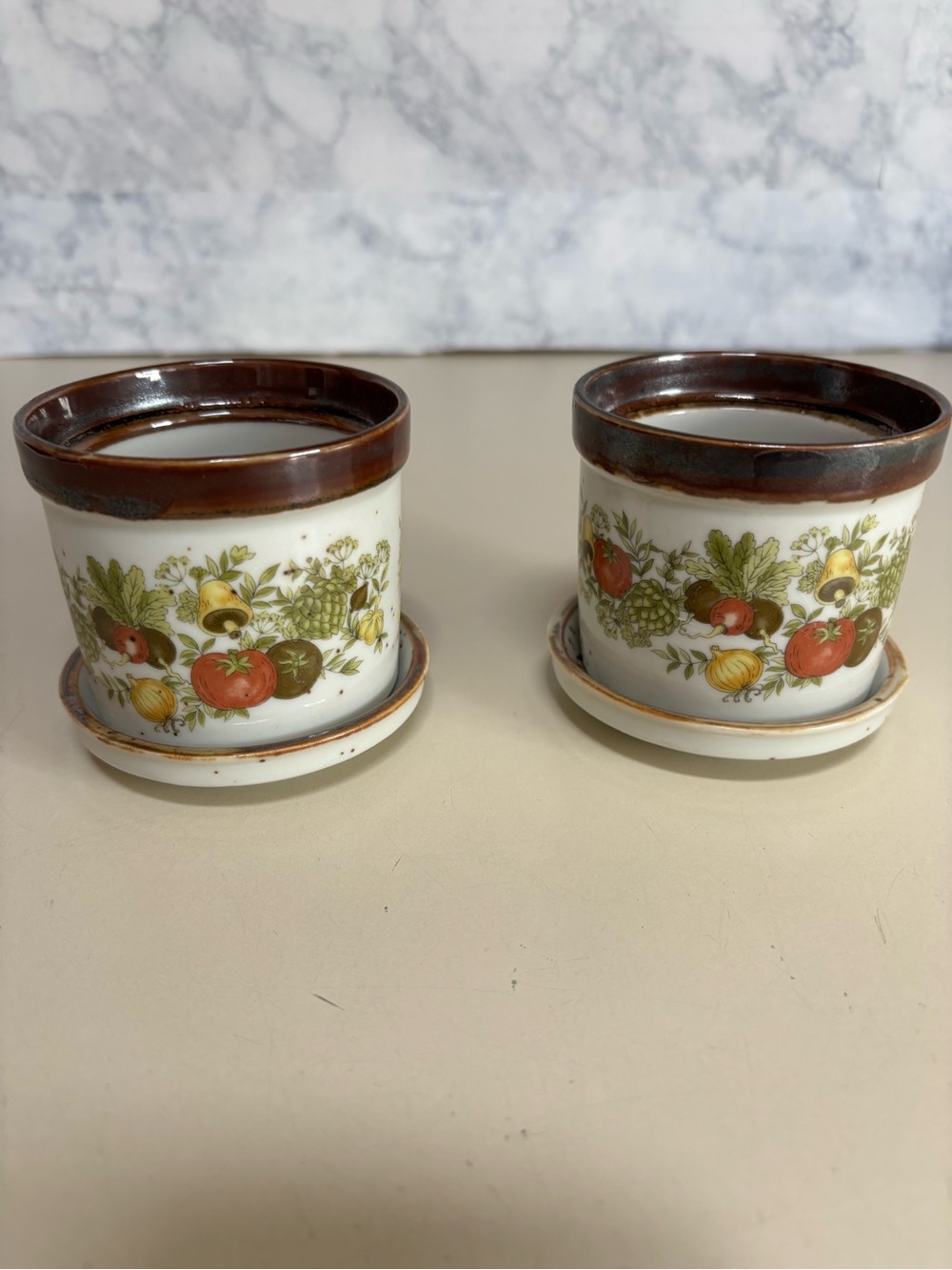 Inarco Japan Vintage Mushrooms- Fruit Ceramic Egg Cups with Saucers - Speckled